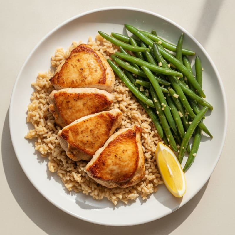Seared Chicken Thighs with Garlic Green Beans and Brown Rice