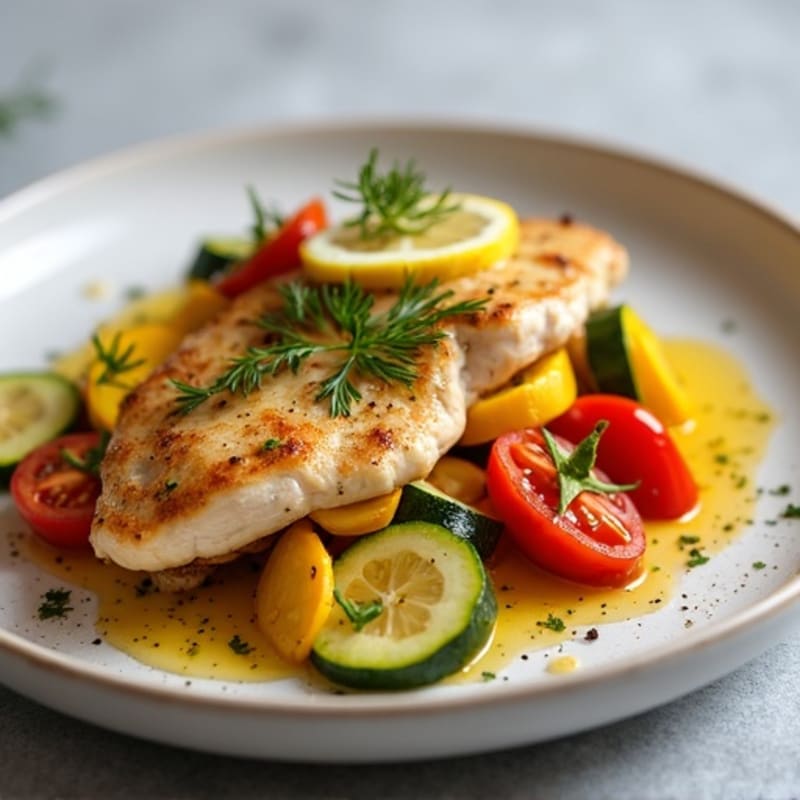 Lemon-Garlic Pan-Seared Chicken with Braised Summer Vegetables