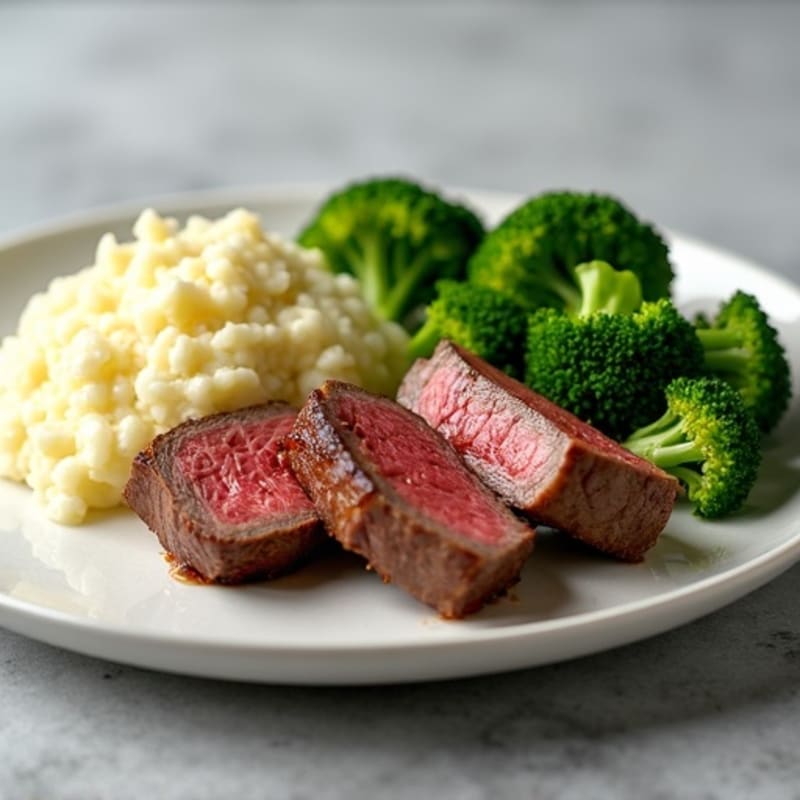 Seared Lean Beef with Steamed Broccoli and Cauliflower Mash