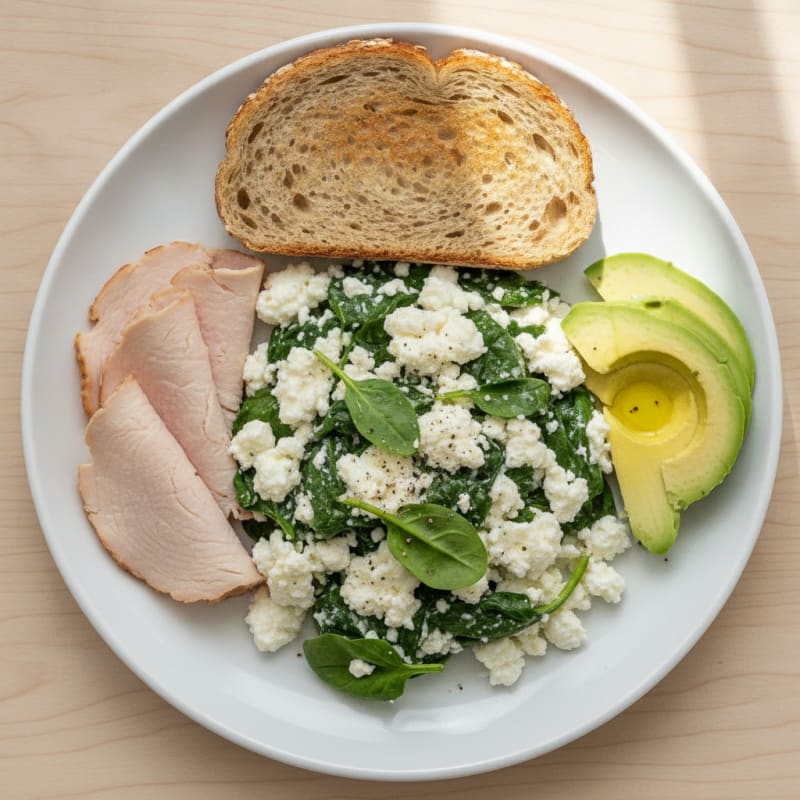 Egg White and Spinach Scramble with Cottage Cheese and Sliced Turkey