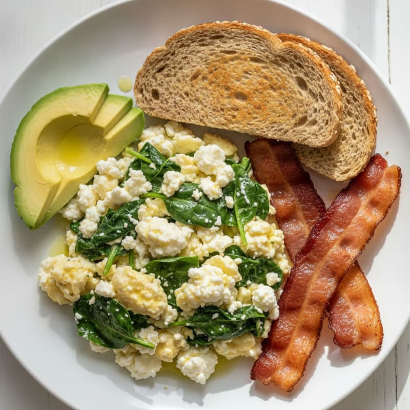 Cottage Cheese Egg White Scramble with Spinach and Turkey Bacon