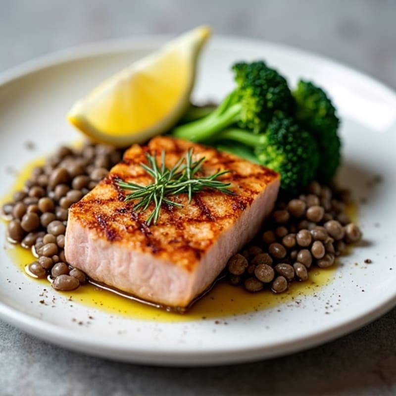 Seared Tuna Steak with Roasted Broccoli and Lentils