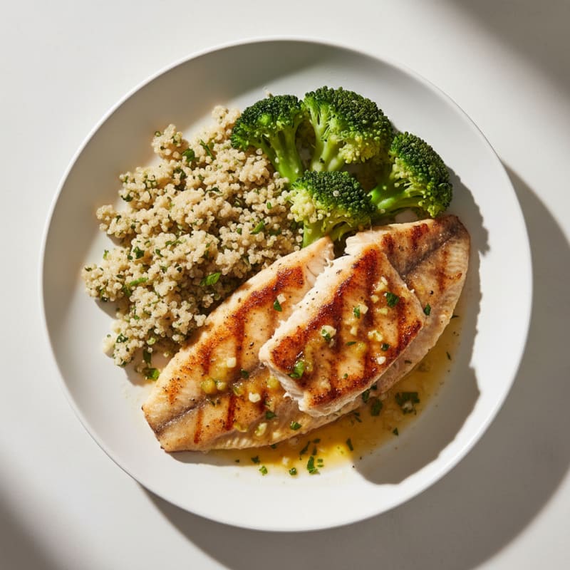 Seared Tilapia with Steamed Broccoli and Quinoa