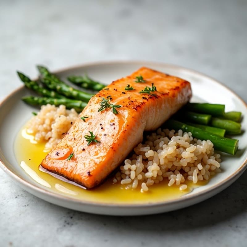 Seared Salmon Fillet with Steamed Asparagus and Brown Rice