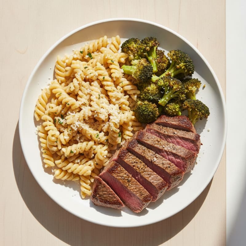 Seared Steak with Roasted Broccoli and Garlic Herb Pasta
