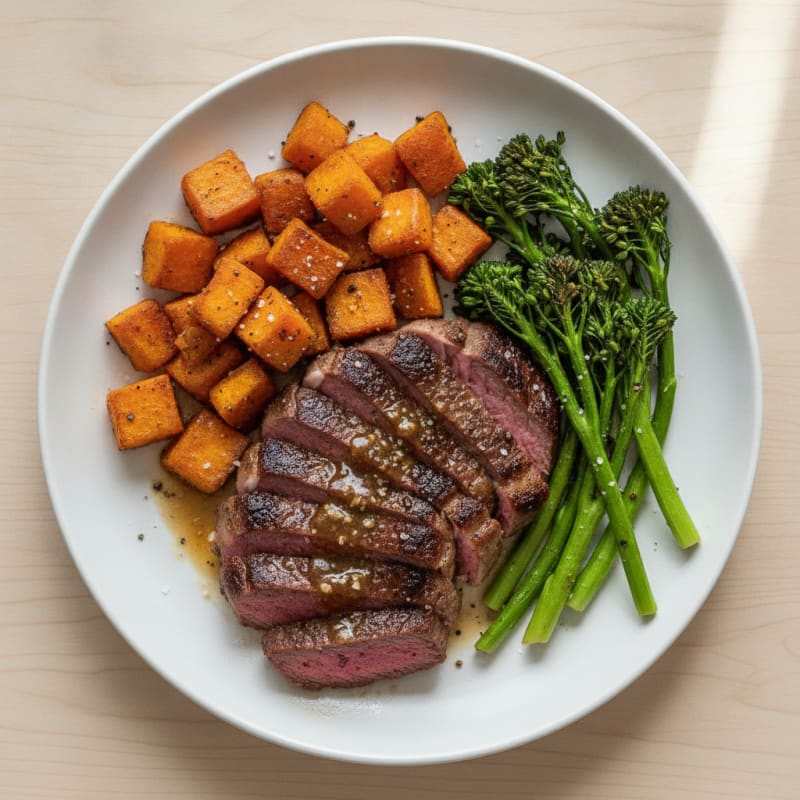 Seared Steak with Roasted Sweet Potatoes and Broccolini