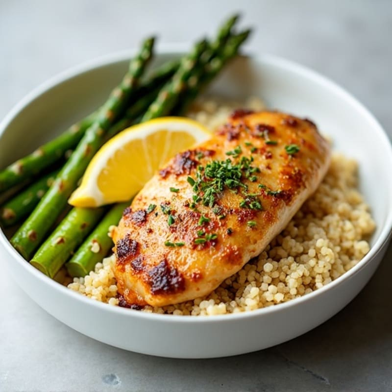 Lemon-Garlic Pan-Seared Chicken with Roasted Asparagus and Fluffy Quinoa