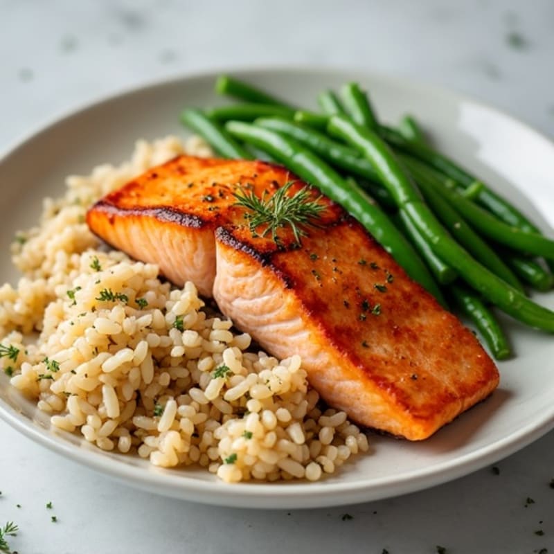 Seared Salmon with Garlic Green Beans and Brown Rice
