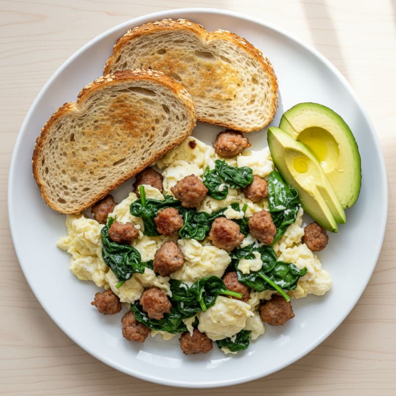 Egg White and Spinach Scramble with Turkey Sausage