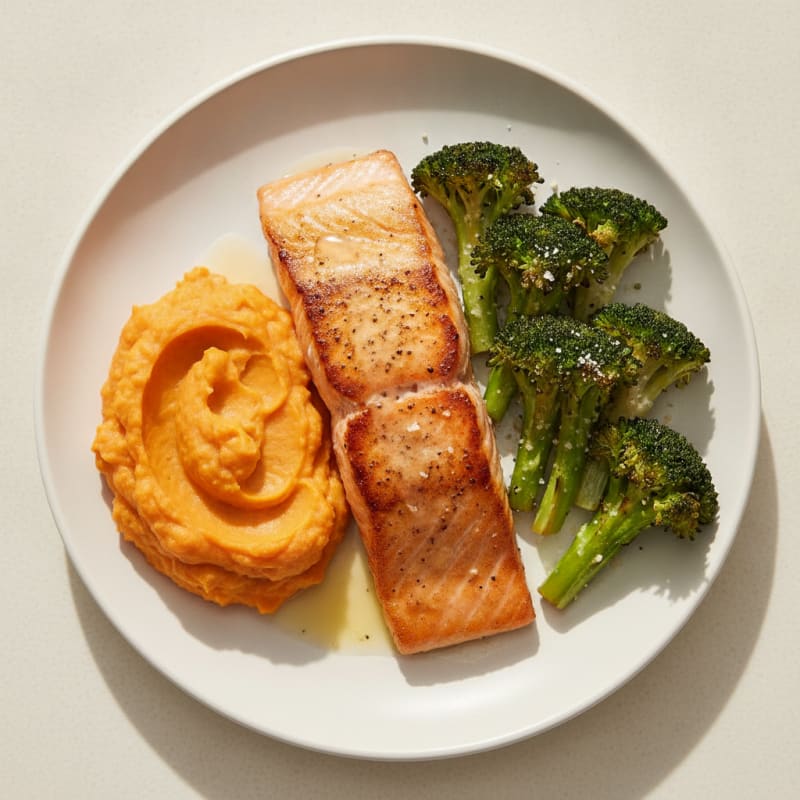 Seared Salmon with Roasted Broccoli and Sweet Potato Mash