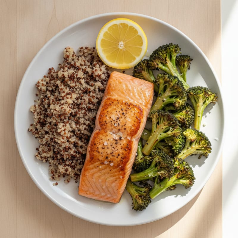 Seared Salmon with Roasted Broccoli and Quinoa