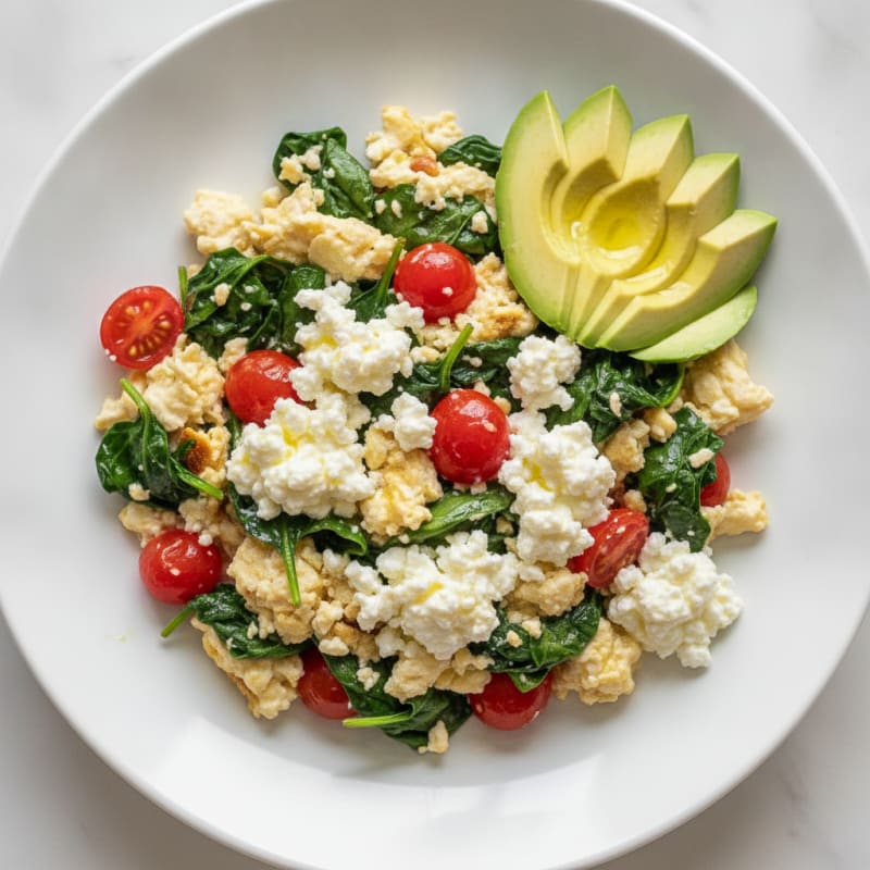 Egg White Spinach Scramble with Cottage Cheese and Cherry Tomatoes