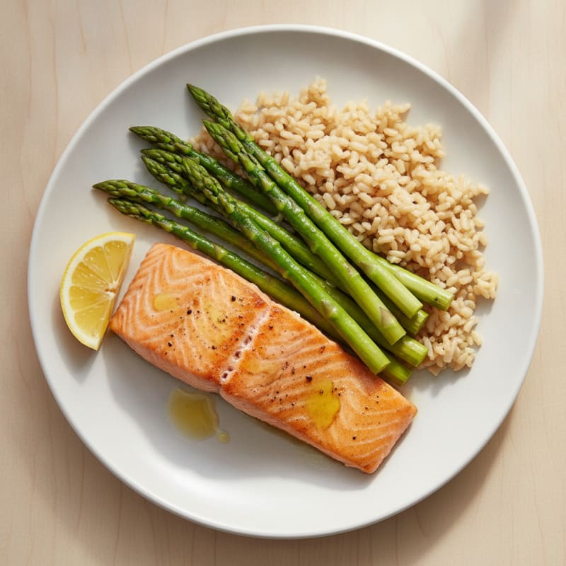 Seared Salmon Fillet with Steamed Asparagus and Brown Rice