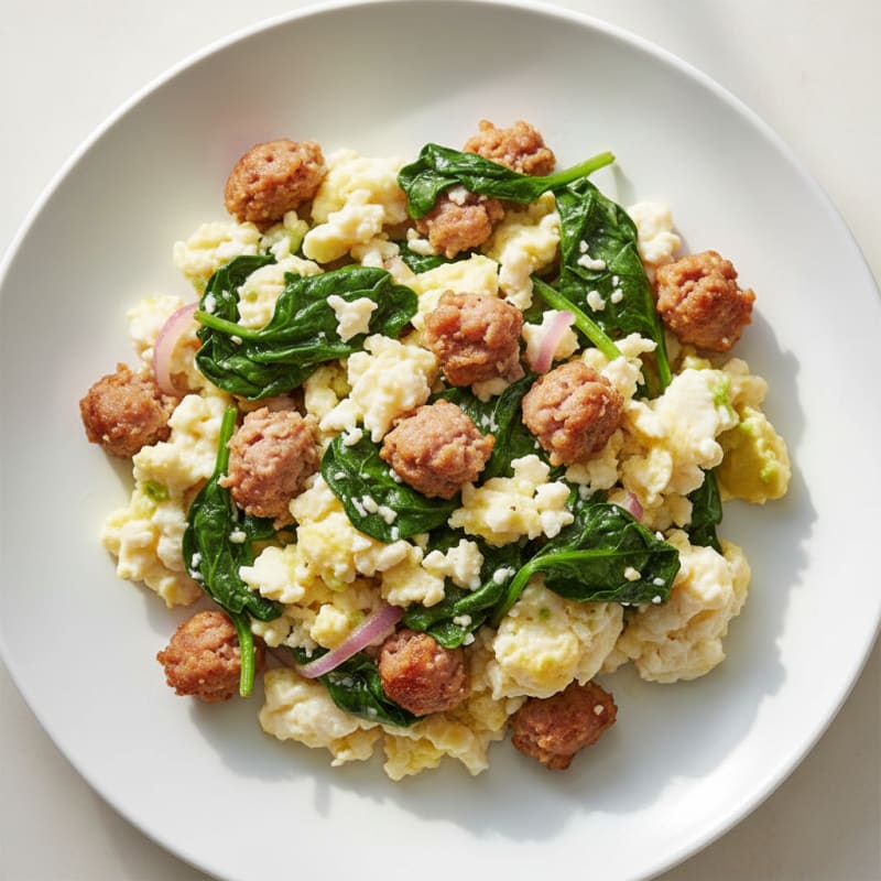 Scrambled Egg Whites with Turkey Sausage and Sautéed Spinach