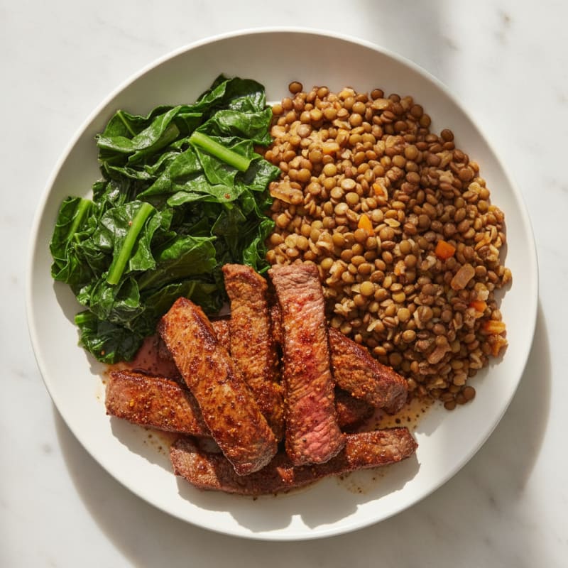 Seared Lean Beef with Steamed Collard Greens and Lentil Pilaf