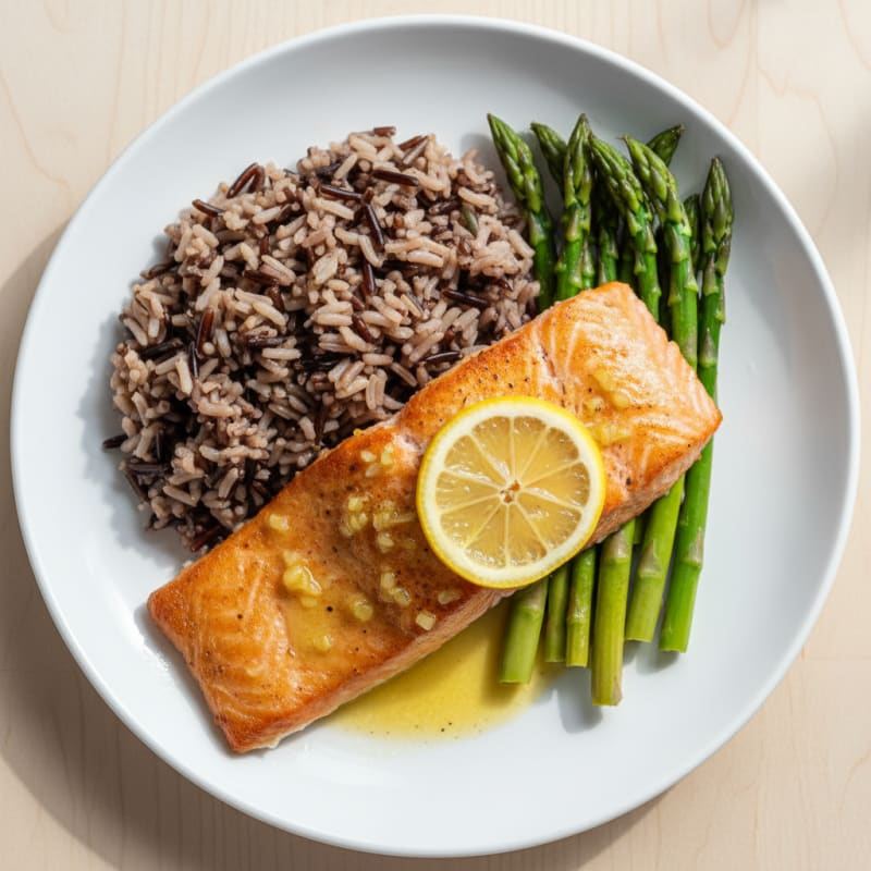 Baked Salmon with Steamed Asparagus and Wild Rice