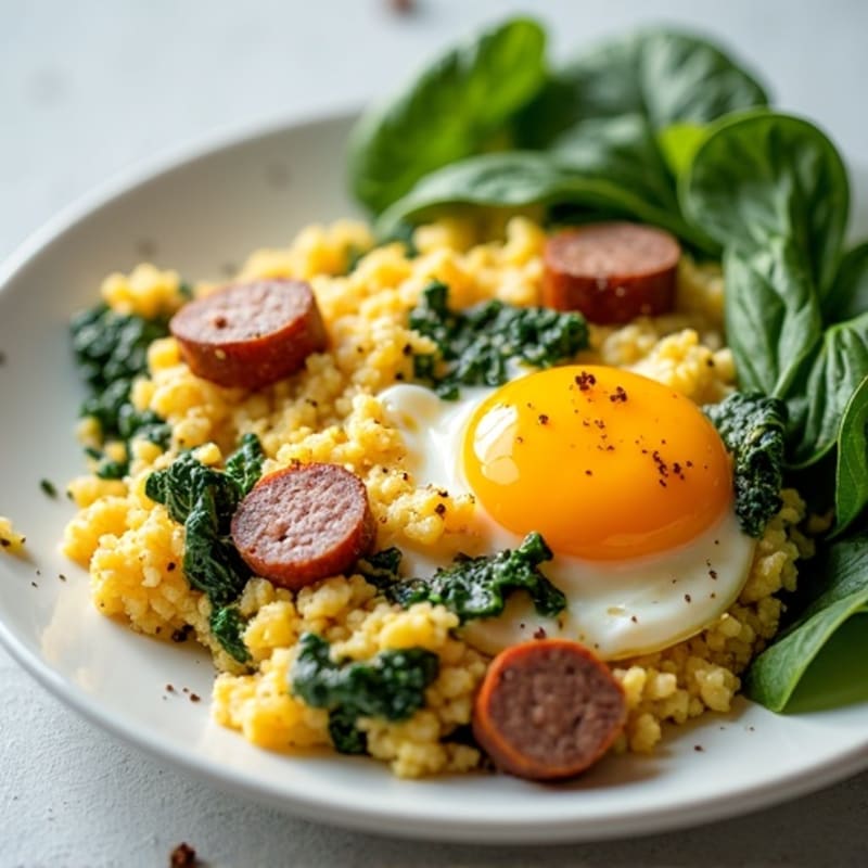 Cottage Cheese Scramble with Turkey Sausage and Spinach