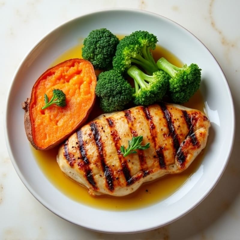 Grilled Chicken Breast with Roasted Sweet Potato and Steamed Broccoli