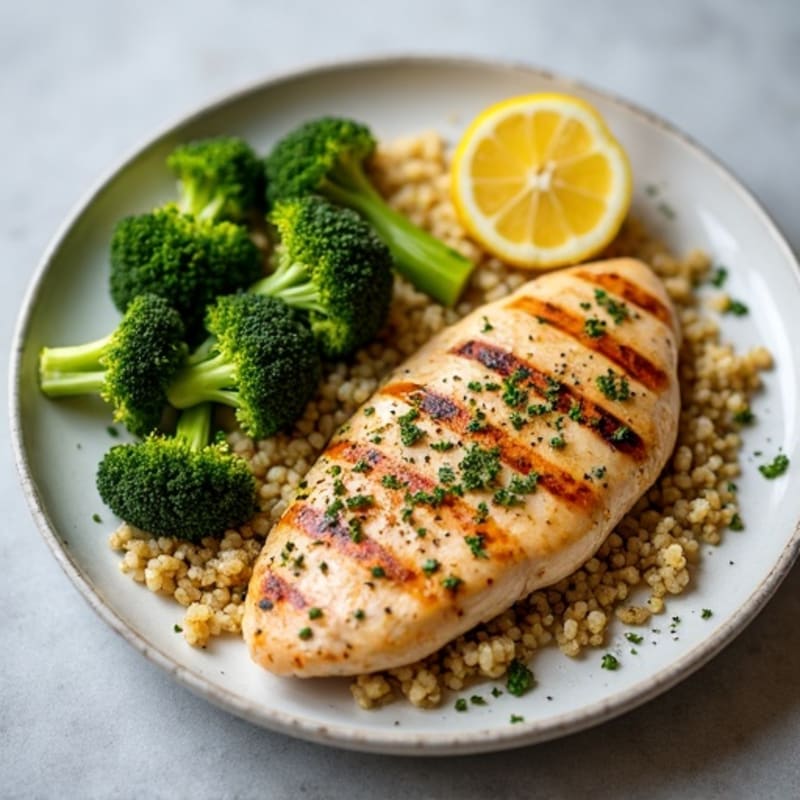 Grilled Lemon-Garlic Chicken Breast with Quinoa and Roasted Broccoli
