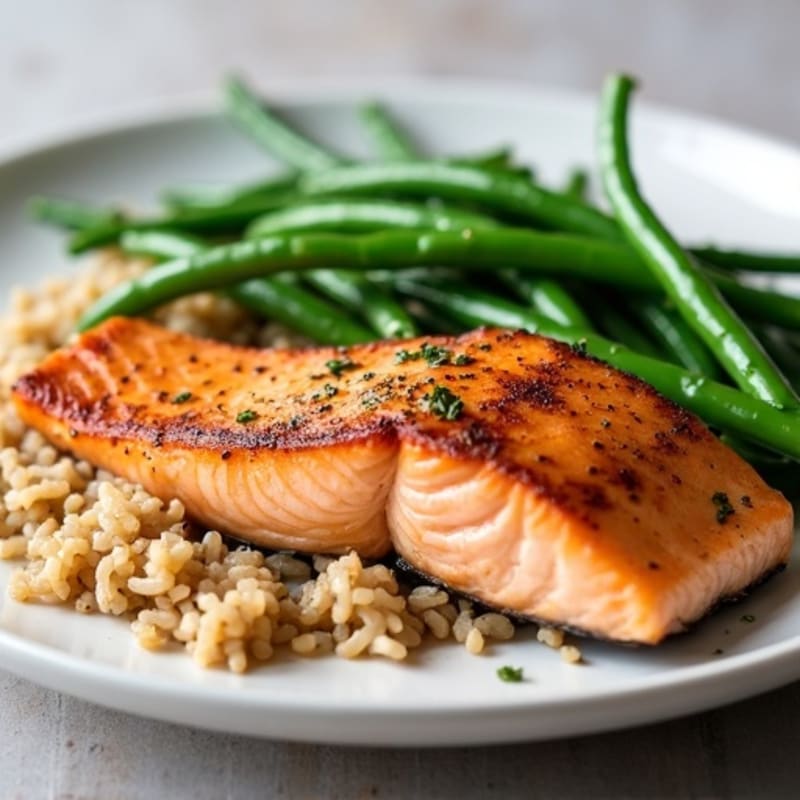 Seared Salmon with Steamed Green Beans and Brown Rice