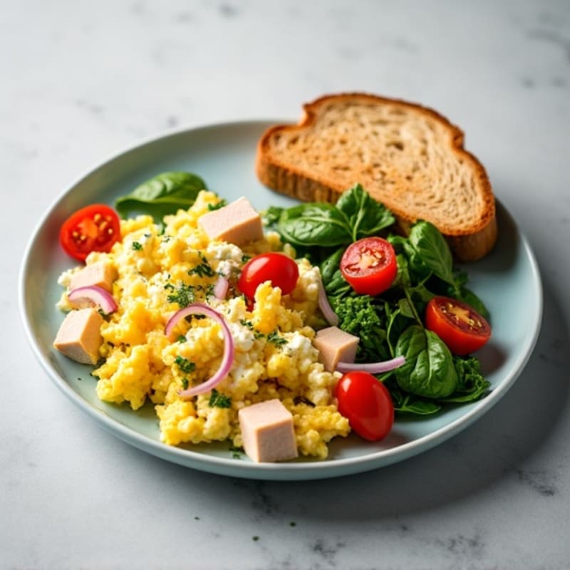 Egg White Veggie Scramble with Cottage Cheese and Sliced Turkey