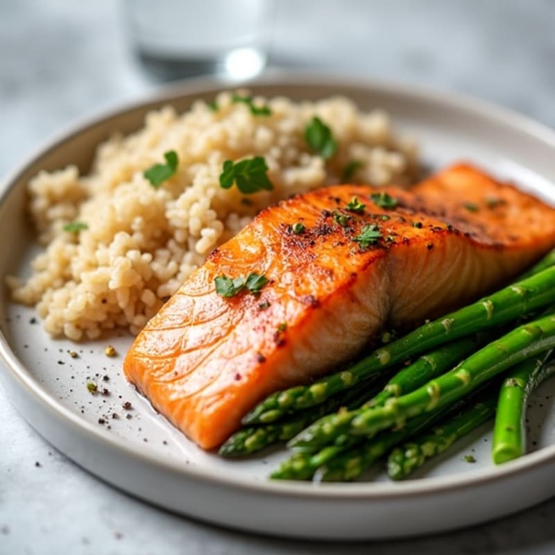 Seared Salmon Fillet with Steamed Asparagus and Brown Rice