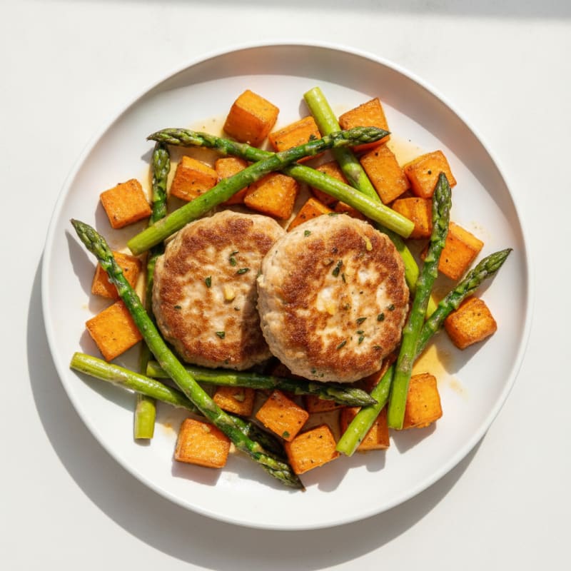 Seared Turkey Patties with Roasted Sweet Potatoes and Asparagus