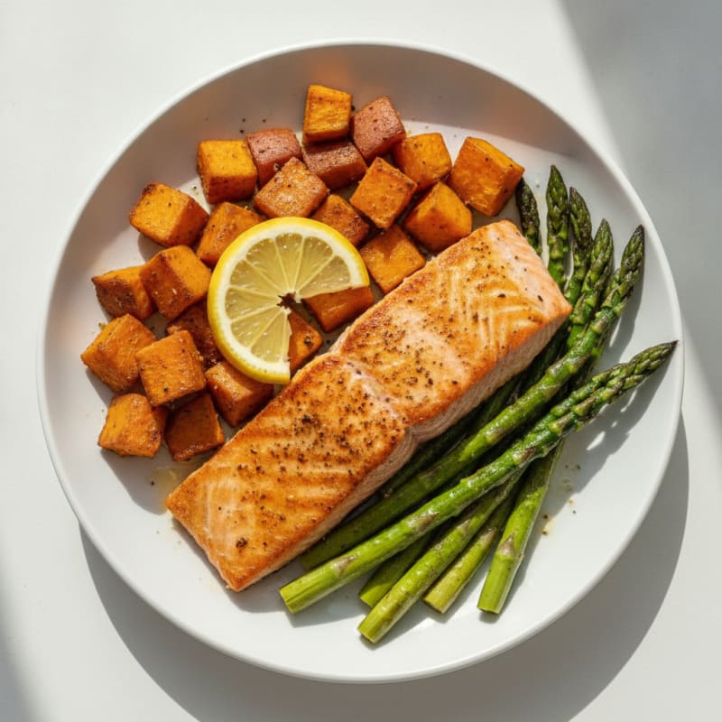 Seared Salmon with Roasted Sweet Potatoes and Asparagus
