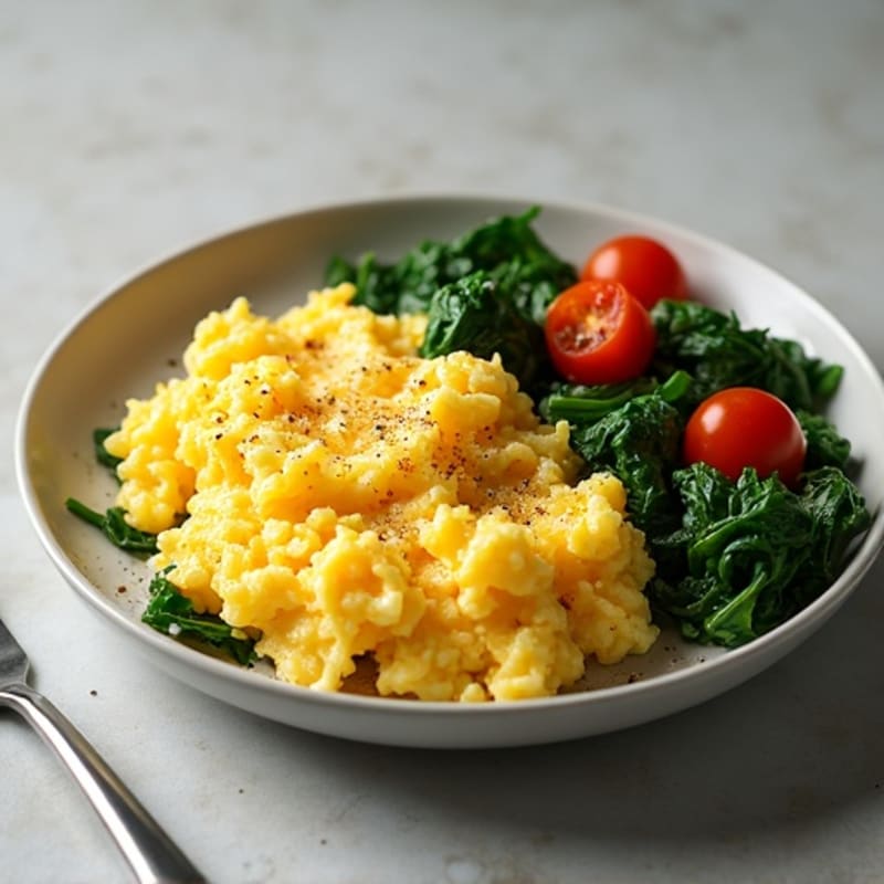 Fluffy Scrambled Eggs with Sautéed Greens and Cherry Tomatoes