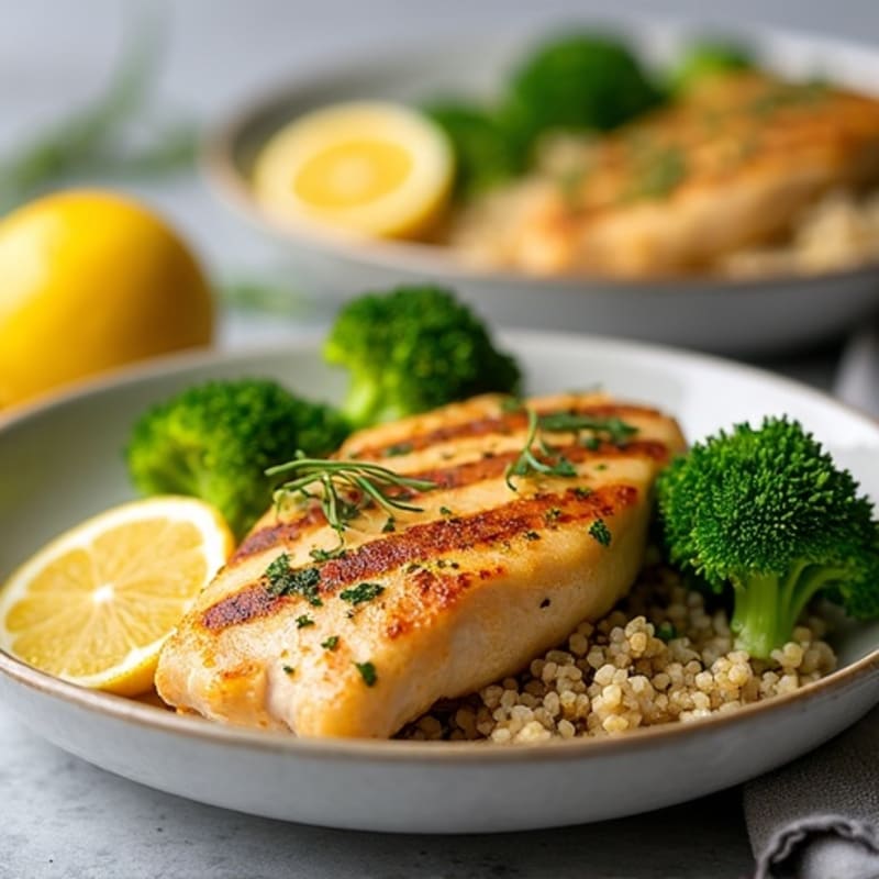 Grilled Lemon Chicken Breast with Quinoa and Steamed Broccoli