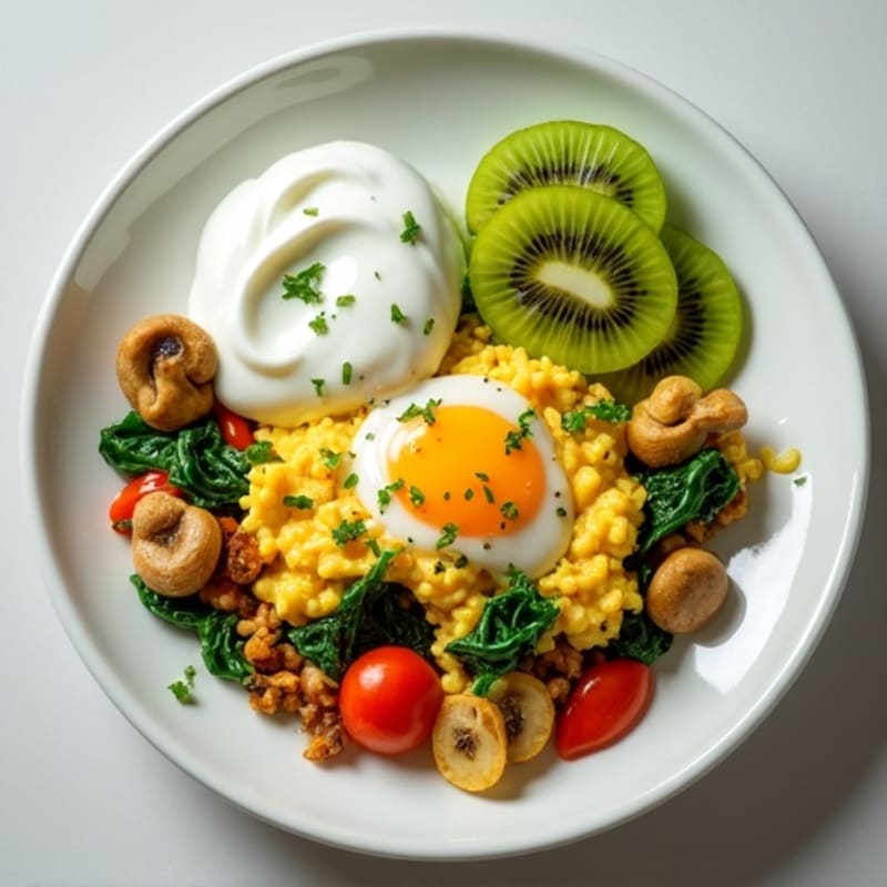 Egg White Scramble with Roasted Vegetables and Sliced Kiwi