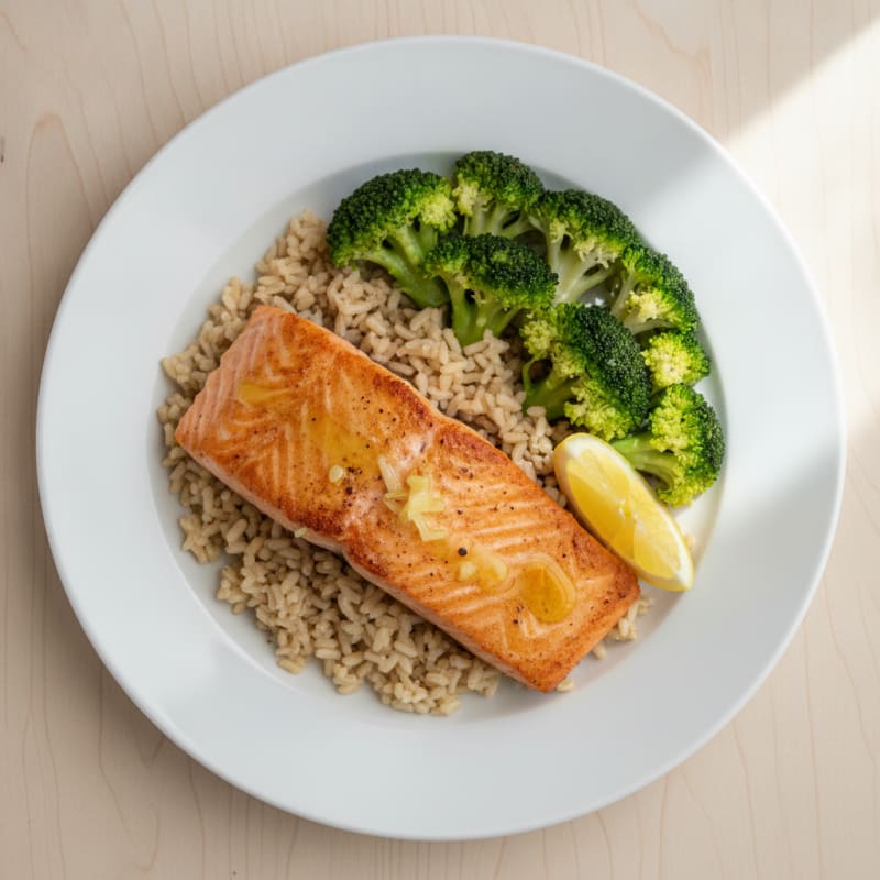 Seared Salmon with Steamed Broccoli and Brown Rice