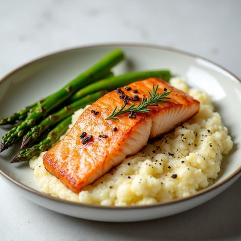 Seared Salmon with Steamed Asparagus and Garlic Cauliflower Mash