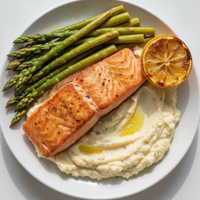 Roasted Salmon with Asparagus and Cauliflower Mash