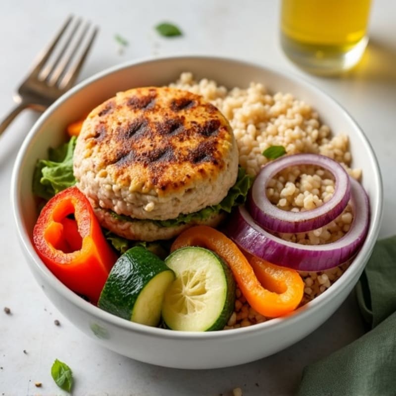 Grilled Turkey Burger Bowl with Brown Rice and Roasted Veggies