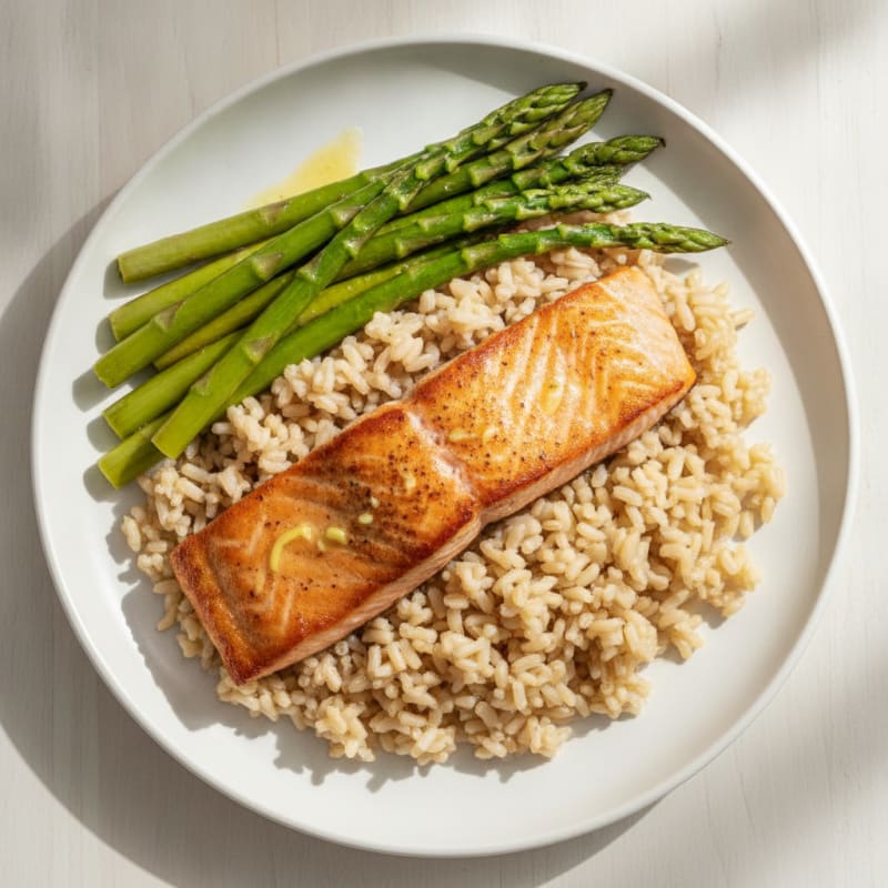 Seared Salmon Fillet with Steamed Asparagus and Brown Rice
