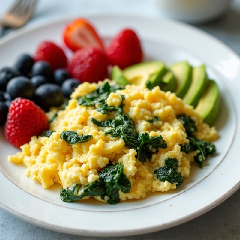 Egg White and Spinach Scramble with Cottage Cheese and Berries