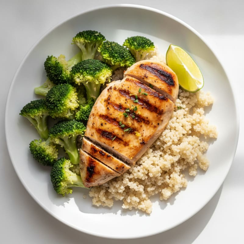 Grilled Chicken Breast with Steamed Broccoli and Quinoa