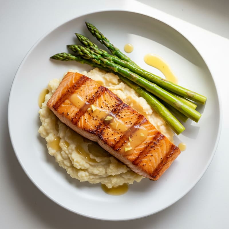 Seared Salmon with Steamed Asparagus and Garlic Mashed Cauliflower