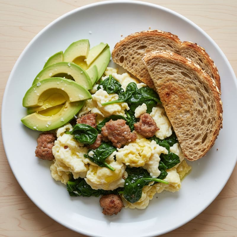 Egg White and Spinach Scramble with Turkey Sausage