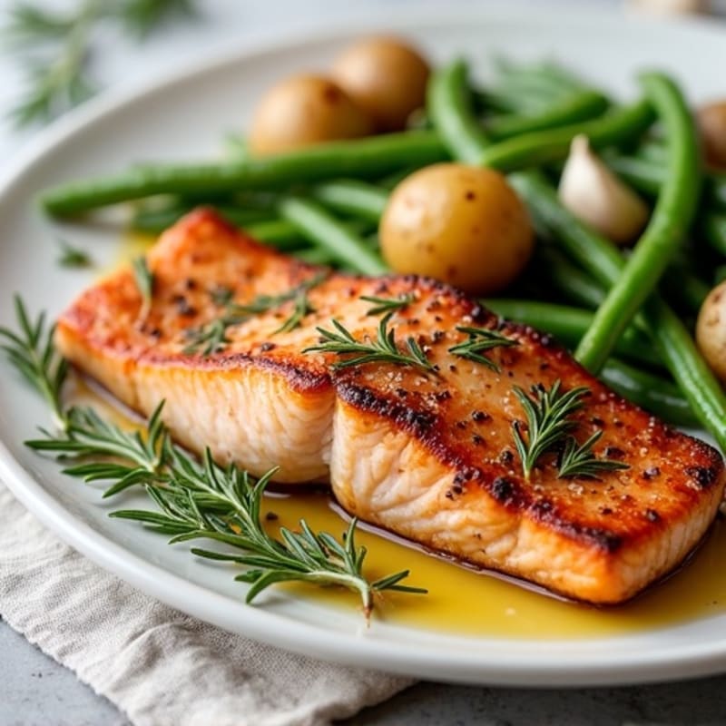 Seared Salmon with Herb-Roasted Potatoes and Garlic Green Beans