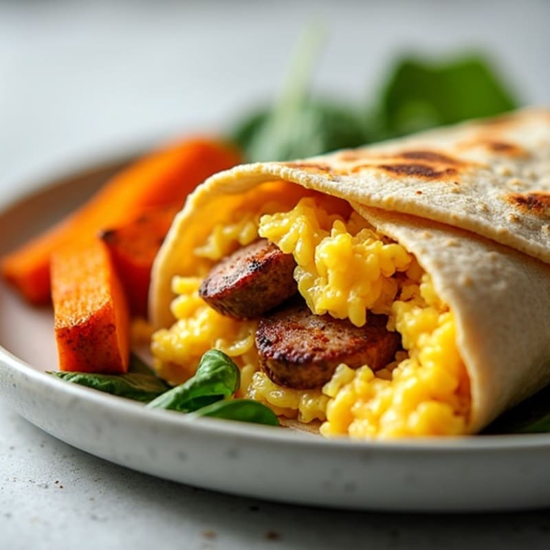 Savory Egg and Lean Sausage Breakfast Burrito with Roasted Sweet Potatoes
