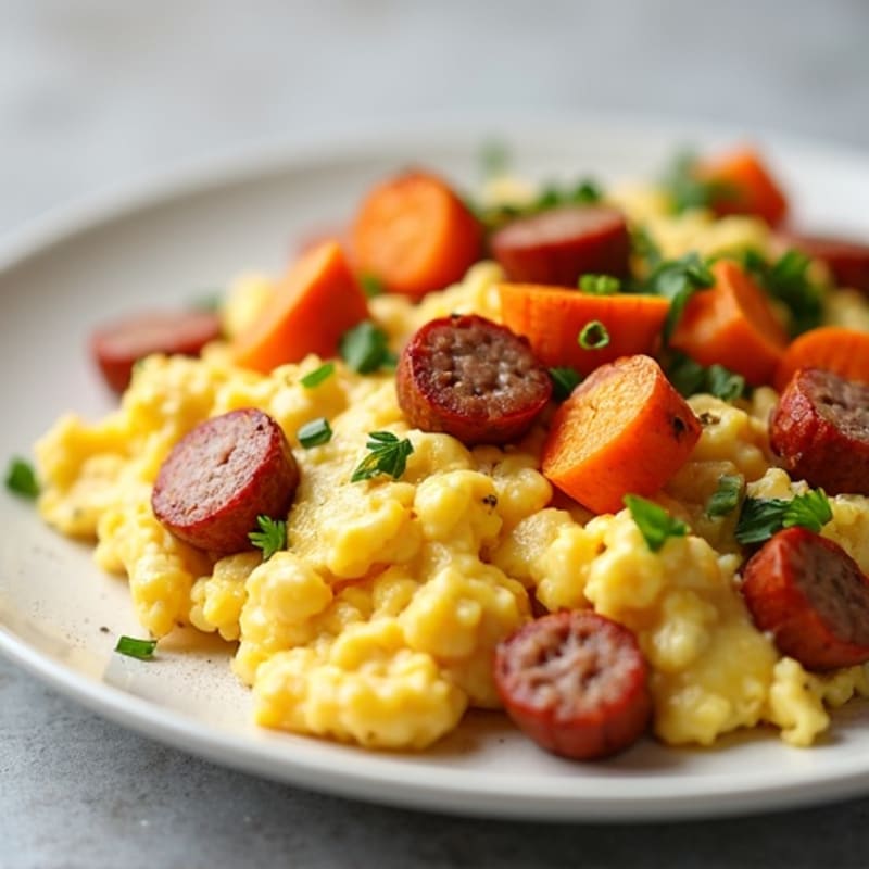 Egg White Scramble with Turkey Sausage and Roasted Sweet Potato