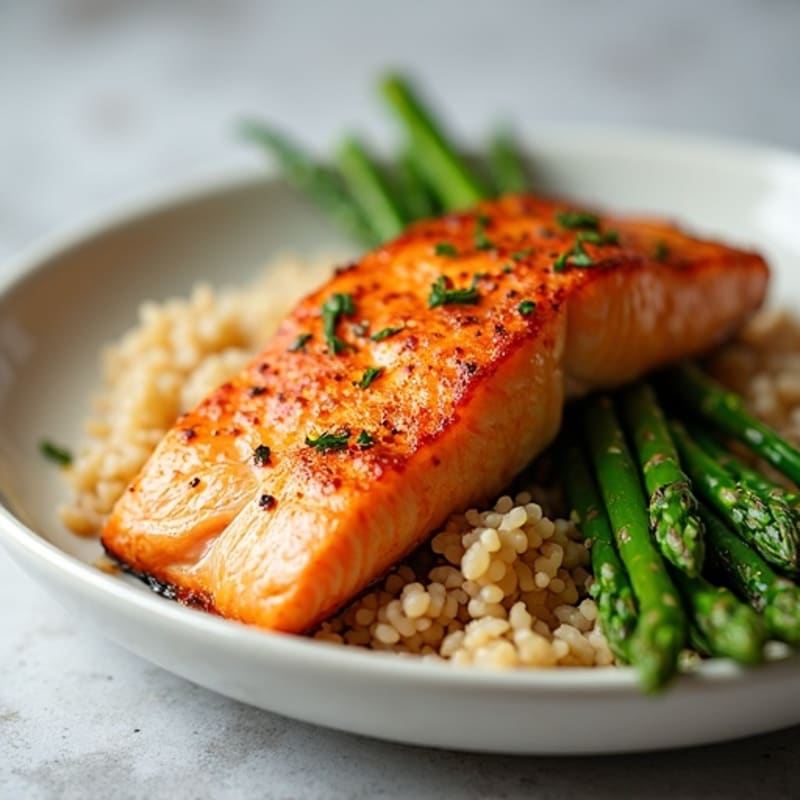 Seared Salmon with Steamed Asparagus and Brown Rice