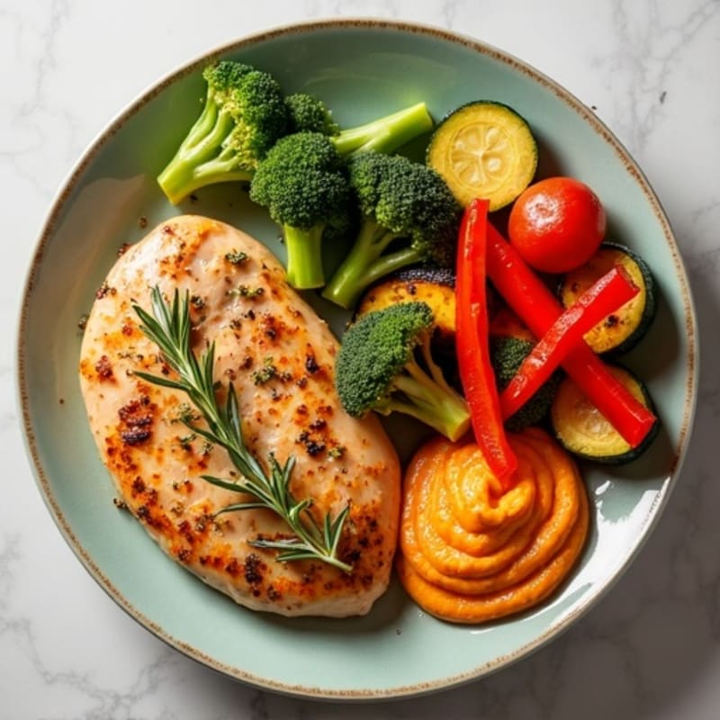 Lemon-Herb Chicken with Roasted Vegetables and Creamy Roasted Red Pepper Hummus