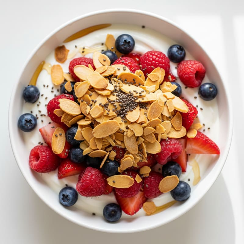 Greek Yogurt Parfait with Mixed Berries and Almond Crunch