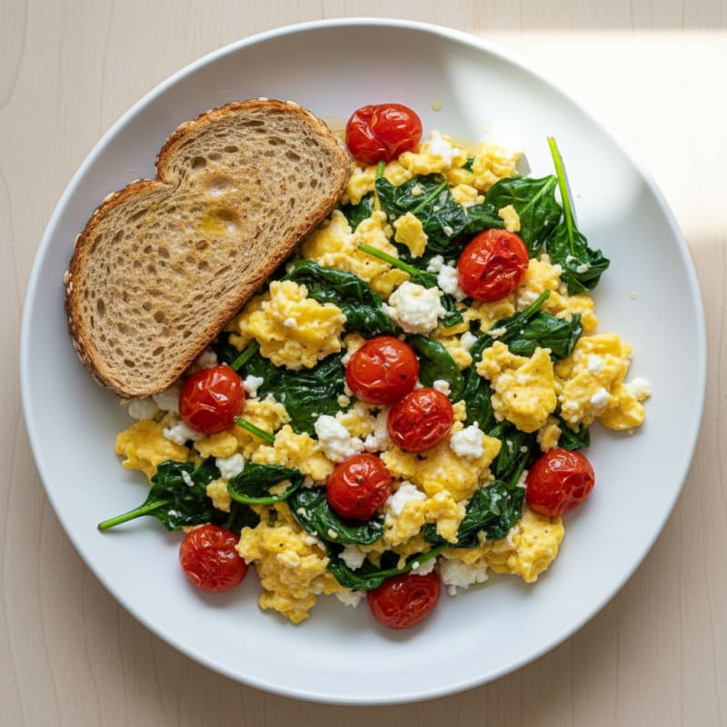 Cottage Cheese Egg Scramble with Sautéed Spinach and Cherry Tomatoes