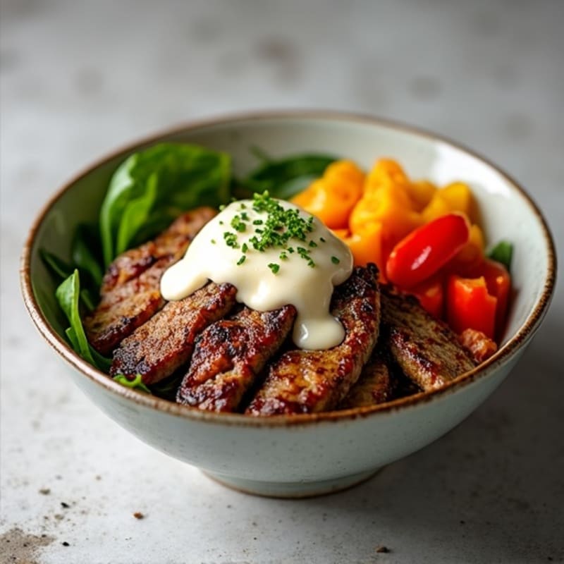 Crispy Seared Beef Bowl with Caramelized Onions, Bell Peppers, and Creamy Provolone Drizzle