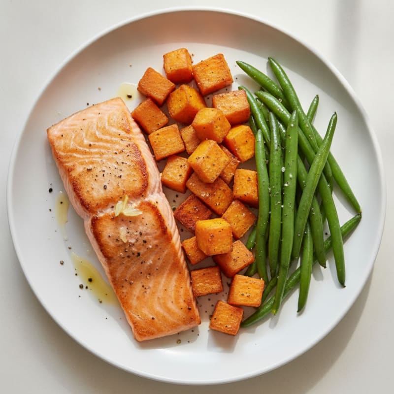 Seared Salmon with Roasted Sweet Potatoes and Green Beans