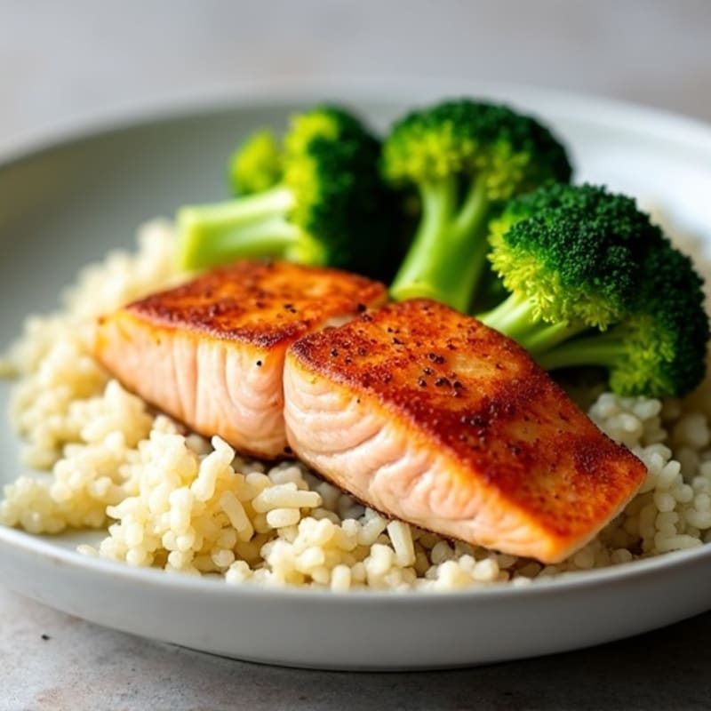 Seared Salmon with Steamed Broccoli and Cauliflower Rice